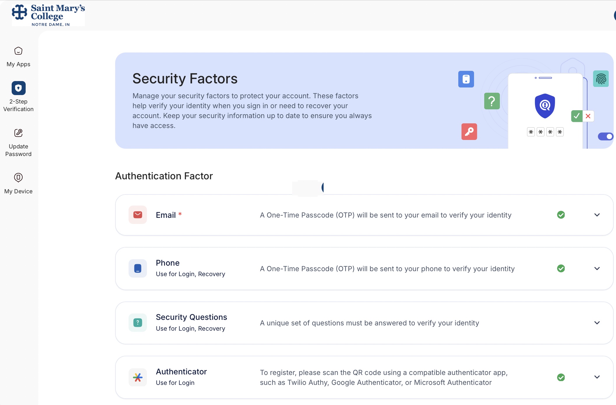 QuickLaunch Account Recovery Settings Screen